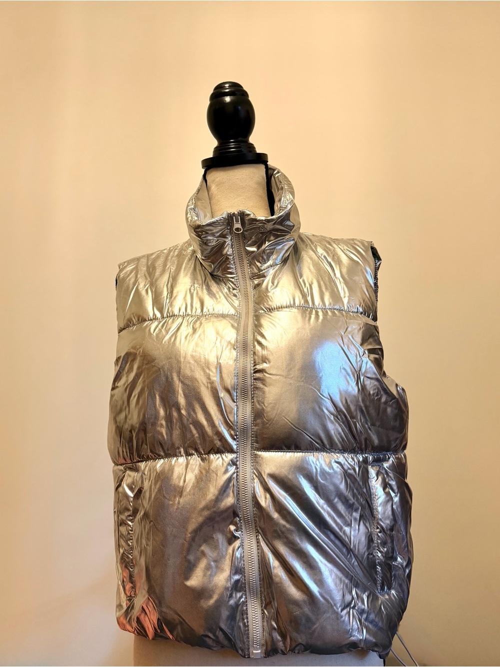 Metallic Silver Puffer Vest - Women